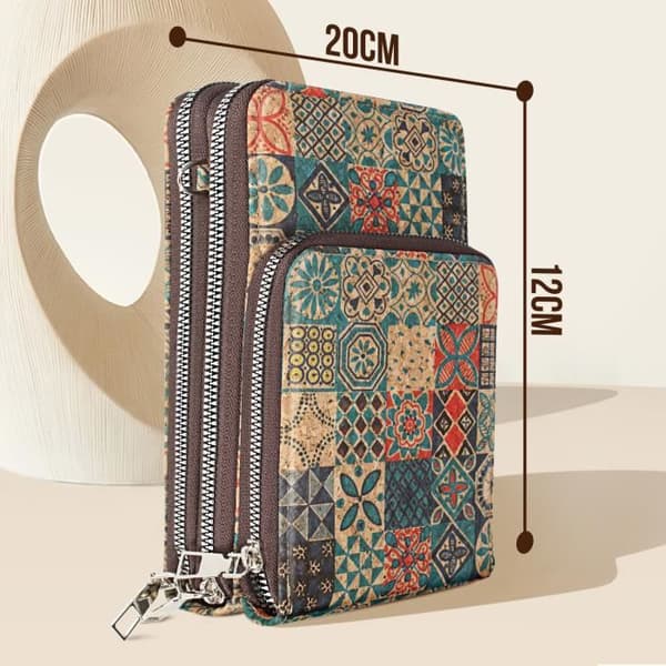 Cork Axelväska Trippel Zip Pocket Flerfärgat keramiskt mönster