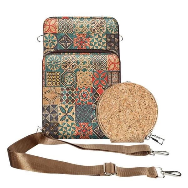 Cork Axelväska Trippel Zip Pocket Flerfärgat keramiskt mönster