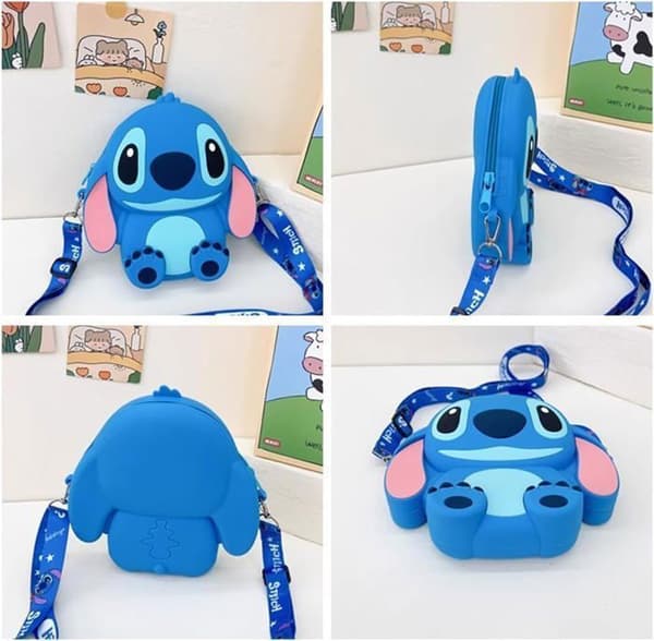 Stitch Crossbody-väska med justerbar axelrem, handväska med dragkedja, söt animesöm, myntväska, blå