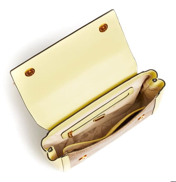 GUESS Axelförsedd axelväska i ljusgul och ljusbrun för kvinnor - Katey Flap Shoulder Bag Latte Logo / Light Lime 203942