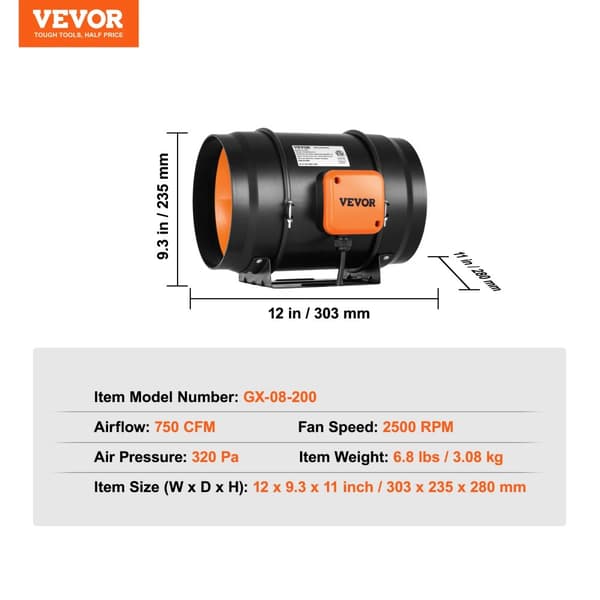 Inline-kanavapuhallin, 750 CFM ilmavirta, 2500 RPM puhallinnopeus,8 tuumaa