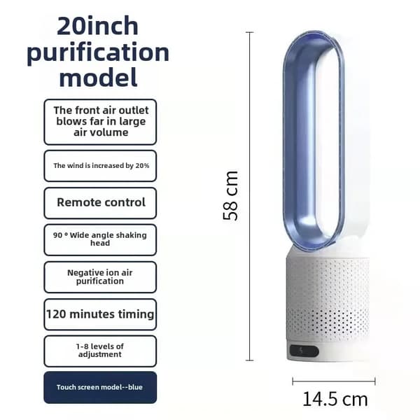 Berøringsskærm Bladfri Ventilator, 20 Tommer Størrelse, Negativ Ion Rensning,20 tommer blå, EU