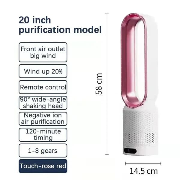 Bladeless Tower Fan, Fjernbetjening, 90° Oscillation,Lyserød