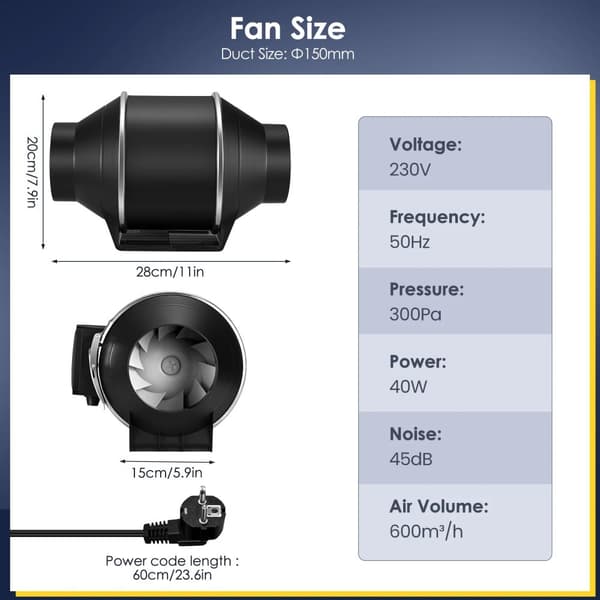 150 mm Inline Kanalfläkt, 600 m³/h Luftvolym, 40W Effekt, IP44 Vattentålig,220V EU-kontakt