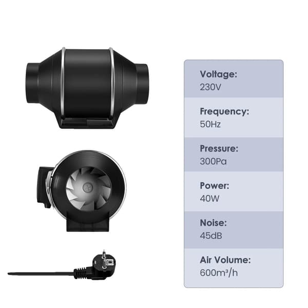 150 mm Inline Kanalfläkt, 600 m³/h Luftvolym, 40W Effekt, IP44 Vattentålig,220V EU-kontakt
