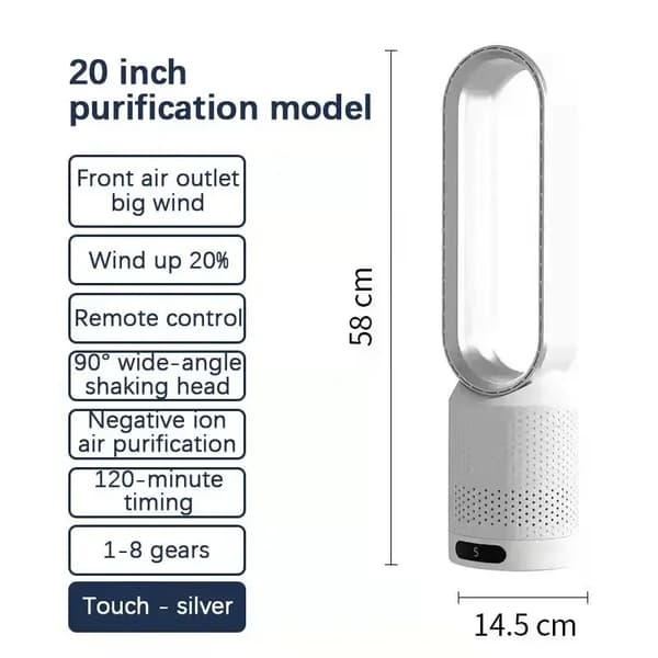 Bladfri ventilator, 90° oscillation, fjernbetjening, 1-8 vindhastighedsindstillinger,EU, Sølv