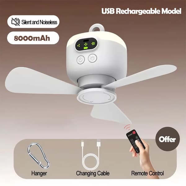 Loftventilator, 8000mAh batteri, fjernbetjening, USB-opladelig,Kølig Hvid