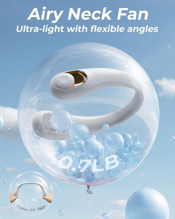 Lollanda Bærbar Halsventilator 4000mAh, Bærbar Ventilator / Halsventilator / Hæng om halsen – 3 hastigheder, Stille, Rejse, Hæng om halsen