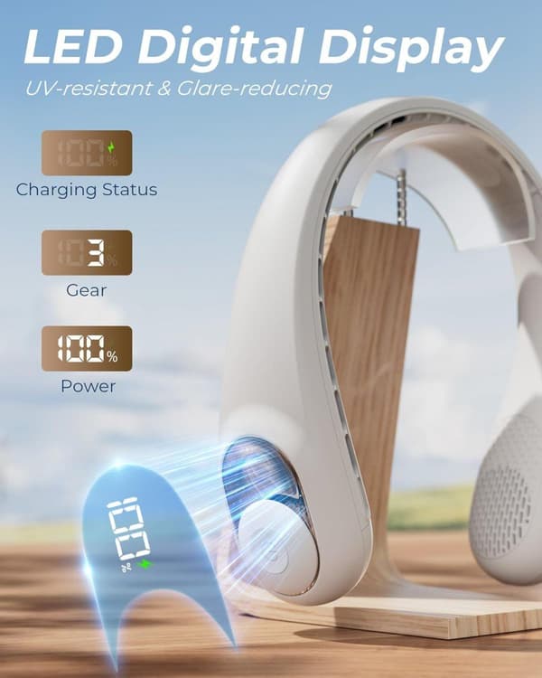Lollanda Bærbar Halsventilator 4000mAh, Bærbar Ventilator / Halsventilator / Hæng om halsen – 3 hastigheder, Stille, Rejse, Hæng om halsen
