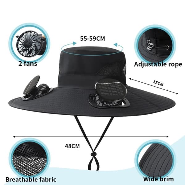 Solcellsdriven ventilerad hatt - Unisex soldriven/USB-laddningsbar - 6000 RPM dubbla fläktar - UV-skydd - Justerbar vindhastighet