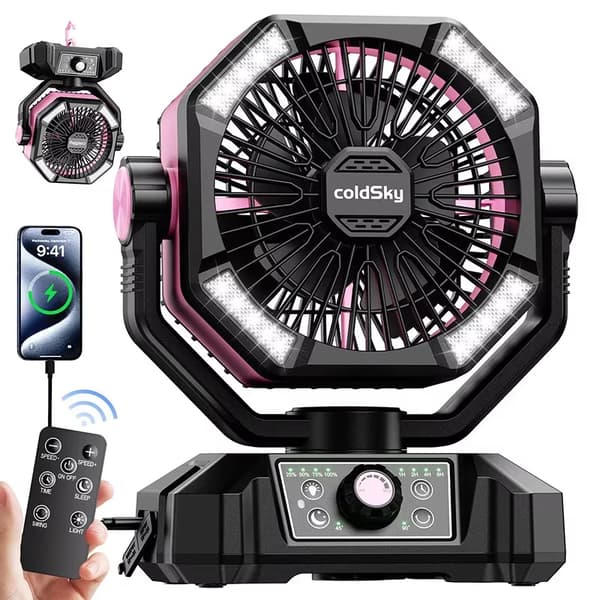 Fläkt, uppladdningsbart batteri, fjärrkontroll,Rosa