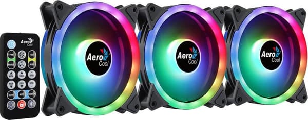 Aerocool DUO12PRO -setti, 3 x tuuletin, 12 cm, ARGB, LED-kaksoisrengas, tärinänvaimennus, 6-nastainen, musta