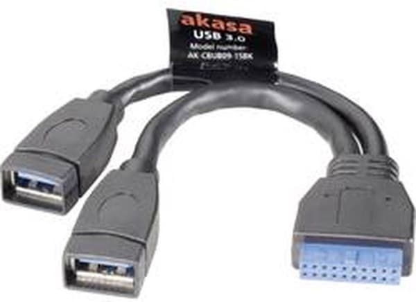 Akasa USB-kabel USB 3.2 Gen1 (USB 3.0 / USB 3.1 Gen1) Höljd header 19-stift, USB-A-uttag 15,00 cm Svarta guldpläterade kontaktkontakter, UL-certifiera