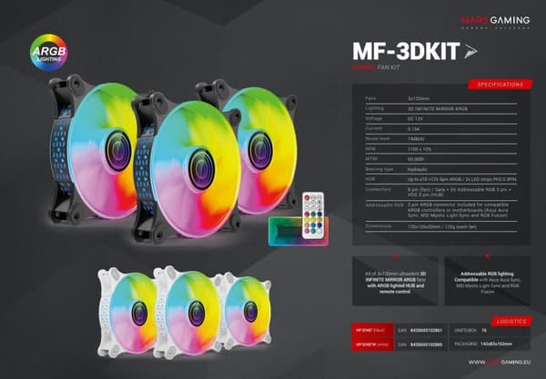 Mars Gaming MF-3DKIT Infinity Mirror ARGB 120mm Remote Control Computer Cooler Kit Svart