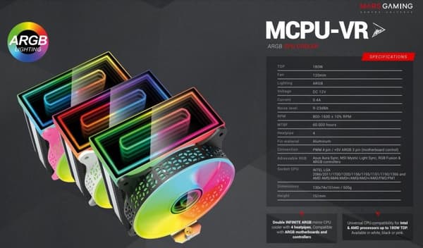 Mars Gaming MCPU-VR CPU Cooler Dual Infinity Mirror ARGB 180W 120mm