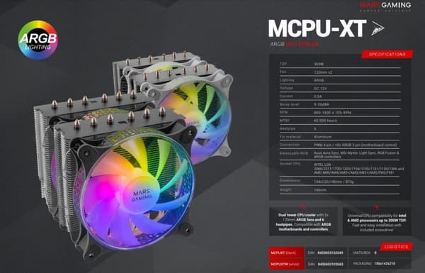 Mars Gaming MCPU-XT CPU Cooler Dual Tower Cooling 300W 2x120mm ARGB