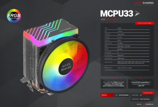 Mars Gaming MCPU33 CPU Cooler FRGB 140W 11cm