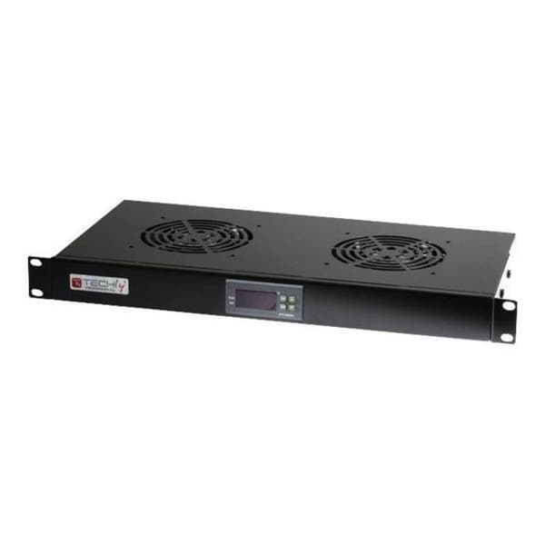 teknisk rackfläktlåda med 2 kylfläktar, svart termostat, RAL 9005 1U 19"