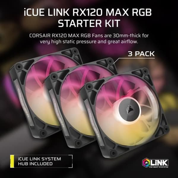 iCUE LINK RX120 RGB MAX har effektiv kylning och anpassningsbar RGB-belysning för optimal prestanda.
