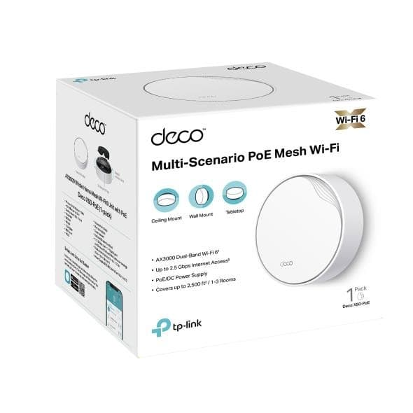 Trådløs ruter trådløs ruter (3000 mbps, mesh, wi-fi 6, 1x10/100/1000m, 1x2,5gbe, dhcp, decox50-poe (1-pakning)), Tp-link