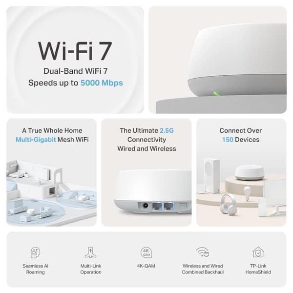 Langaton reititin langaton reititin (2 kpl, 5000 mbps, mesh, wi-fi 7, 2x2.5gbe, lan \ wan portit 2, antennien määrä 4), Tp-link