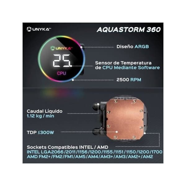 Vätskekylning - UNYKACH - AquaStorm 360 - Kompatibel med Intel och AMD - Aluminium och Koppar - Svart