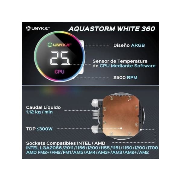 Kylning av CPU - UNYKACH - Aquastorm White - ARGB-belysning - LCD-skärm - Tyst pump