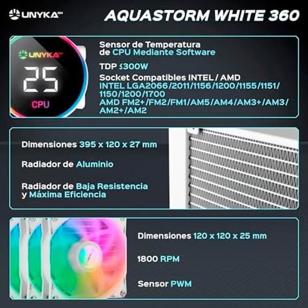 Kylning av CPU - UNYKACH - Aquastorm White - ARGB-belysning - LCD-skärm - Tyst pump