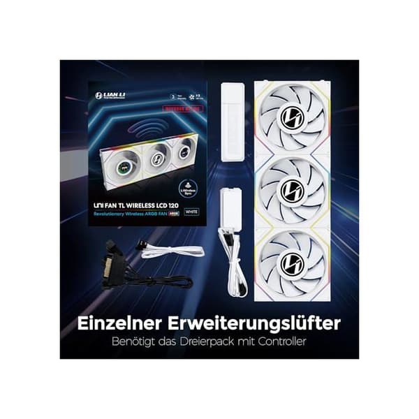12RTLLCD1W3W Lian-Li UNI FAN TL Ss kabel LCD ARGB+Kontroll. RB-3x120mm-Bl.