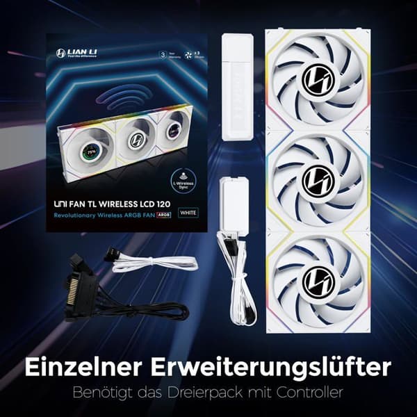 12TLLCD1W3W Lian-Li UNI FAN TL Fritters med LCD ARGB + Kontroller - 3x120mm - Vit