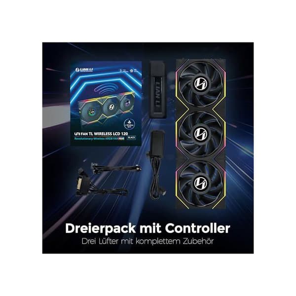 12TLLCD1W3B Lian-Li UNI FAN TL Chassi-fläkt utan ledning LCD ARGB+Kontroll-3x120mm-Svart