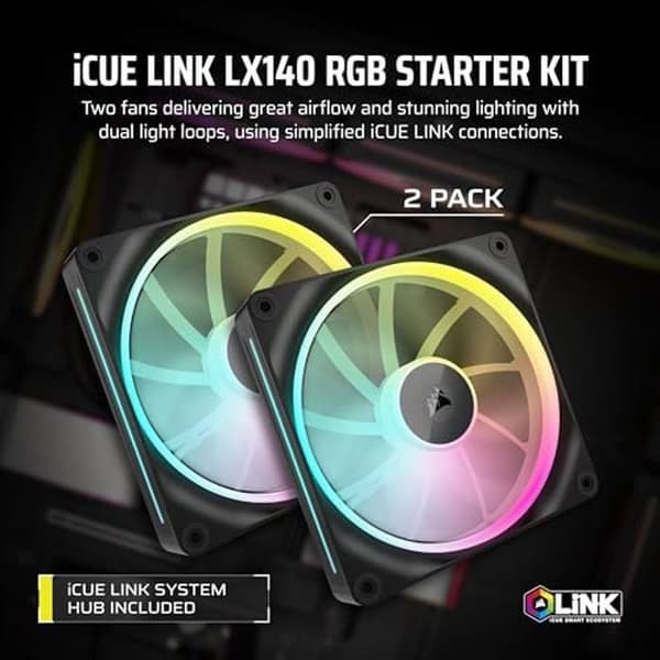 CORSAIR iCUE Link LX140 RGB 140 mm PWM-fläktar - Dubbla ljusslingor - Inkluderar iCUE Link System Hub