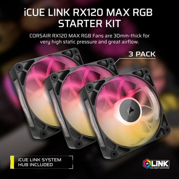 iCUE LINK RX120 RGB MAX har effektiv kylning och anpassningsbar RGB-belysning för optimal prestanda.