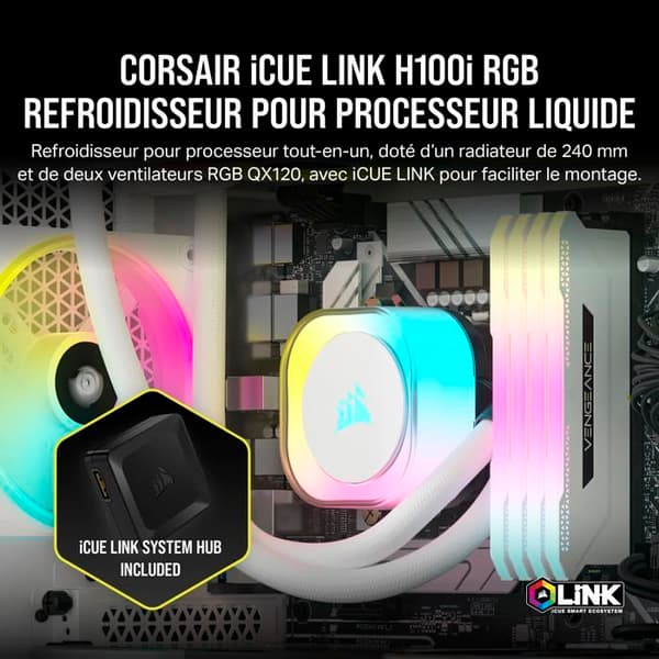 Komplett vattenkylning - CORSAIR - iCUE LINK H100i RGB White AIO - CPU-kylning - 240 mm