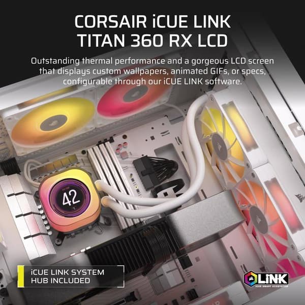 CORSAIR iCUE LINK TITAN vätskekylning med 360 mm vit LCD-skärm.