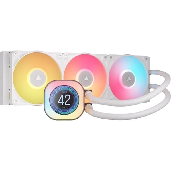 CORSAIR iCUE LINK TITAN vätskekylning med 360 mm vit LCD-skärm.