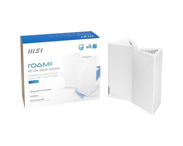 Trådlös router 2-pack (5000 mbps, mesh, wi-fi 5, wi-fi 6, wi-fi 7, ieee 802.11a, ieee 802.11b, ieee 802.11g, mrbe50-2pk), Msi Vit