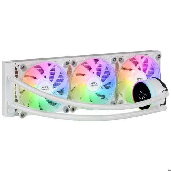 Mars Gaming ML-LCD360, AIO vätskekylning, TDP 600W, 3x 120 mm ARGB-fläktar, LCD-skärm, Universal Multisocket, Vit