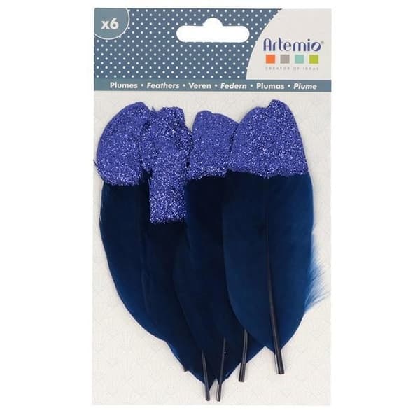 Pack med 6 blå fjädrar med lila glittrig spets 11x3.5cm - INGEN NAMN - Vuxen