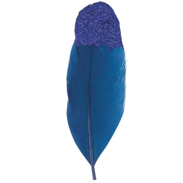 Pack med 6 blå fjädrar med lila glittrig spets 11x3.5cm - INGEN NAMN - Vuxen