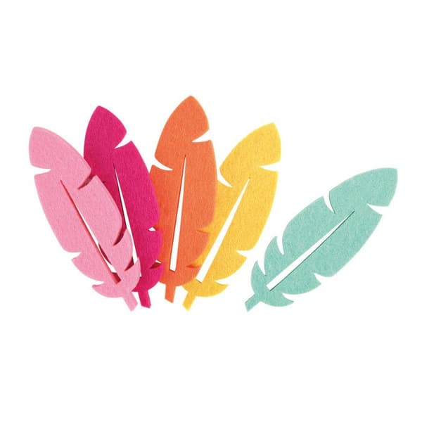 Fjäder i filt gul orange fuchsia blå 10 cm 10 bitar
