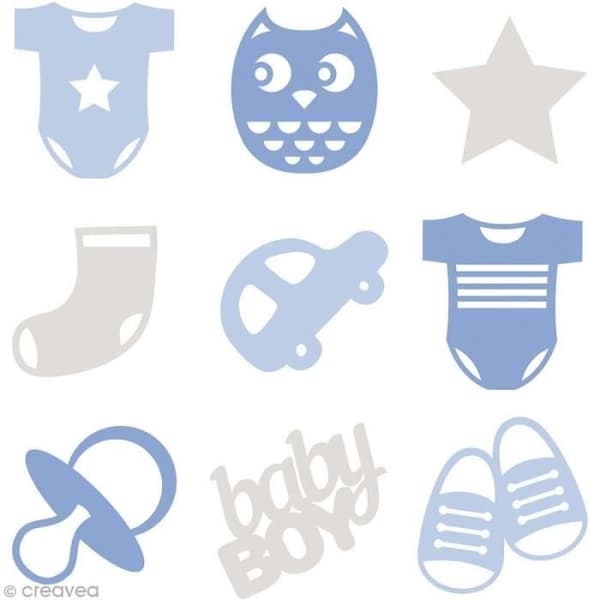 Set med mini silhuetter i filt - Baby pojke - 45 st - Färg blå och grå - Kreativa aktiviteter - Unisex