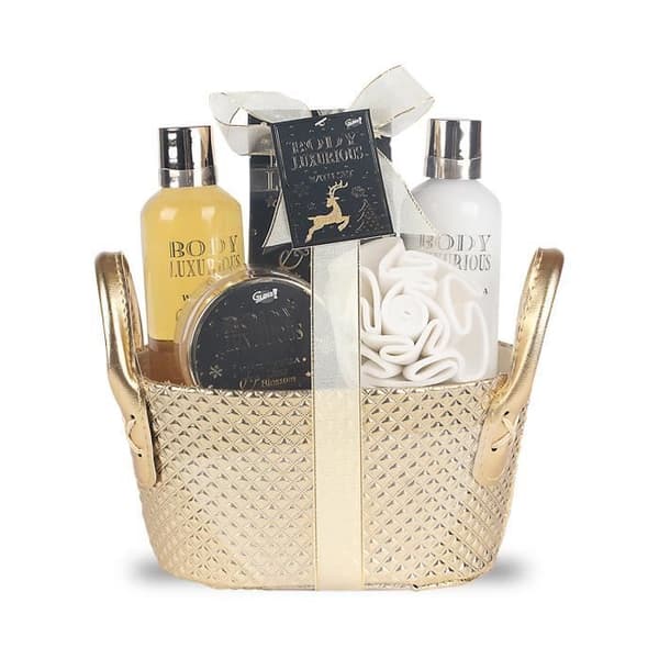Gourmetkorg med kroppsvård - Vanilj &amp; Lind - Duschgel, Lotion, Peeling, Badkristaller
