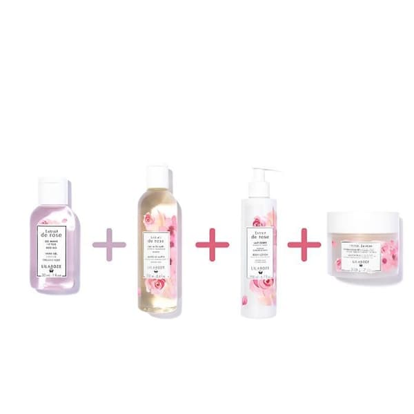 Lilaroze Paris Hudvårdsset – Rosenhandgel + Micellarvatten + Bodylotion + Exfolierande kroppsskrubb