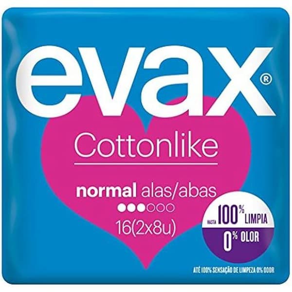 Sanitetsskydd - EVAX - Bomullsliknande Normal Plus - 2 förpackningar med 8 - 100% ren - 0% lukt