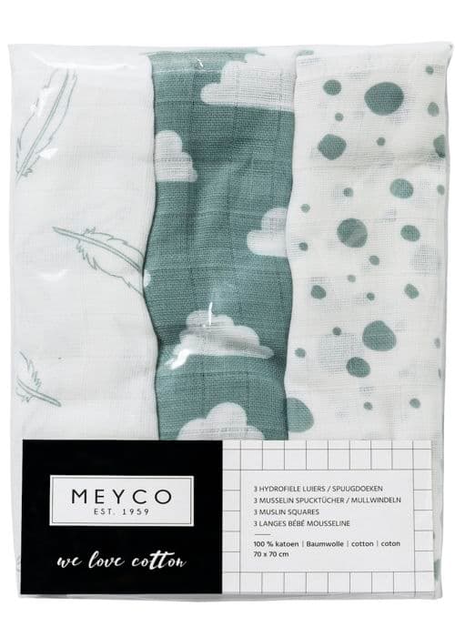 Meyco Baby Clouds/Dots/Feathers hydrophila servetter - paket med 3 - sten grön - 70x70cm