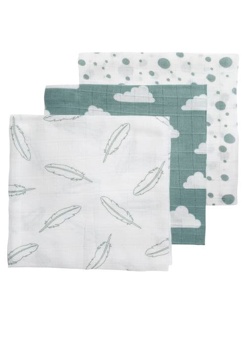 Meyco Baby Clouds/Dots/Feathers hydrophila servetter - paket med 3 - sten grön - 70x70cm