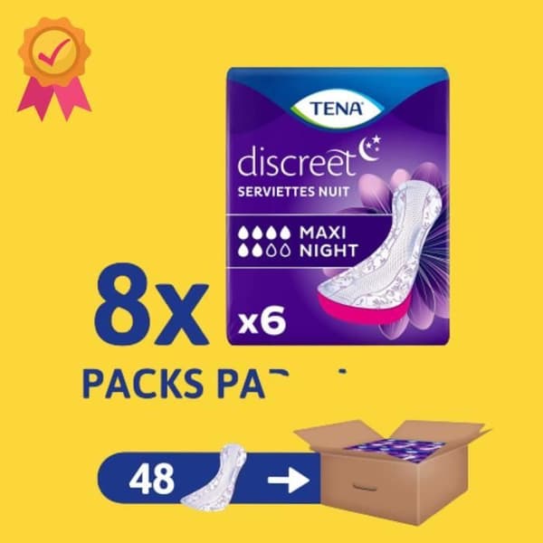 TENA Diskret Maxi Night | Inkontinensskydd för kvinnor | Absorbenter för urinläckor| Maxi Comfort Night | 48 enheter