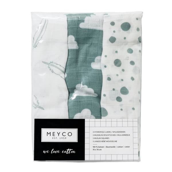 Meyco Baby Clouds/Dots/Feathers hydrophila servetter - paket med 3 - sten grön - 70x70cm