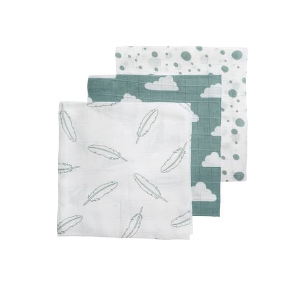 Meyco Baby Clouds/Dots/Feathers hydrophila servetter - paket med 3 - sten grön - 70x70cm